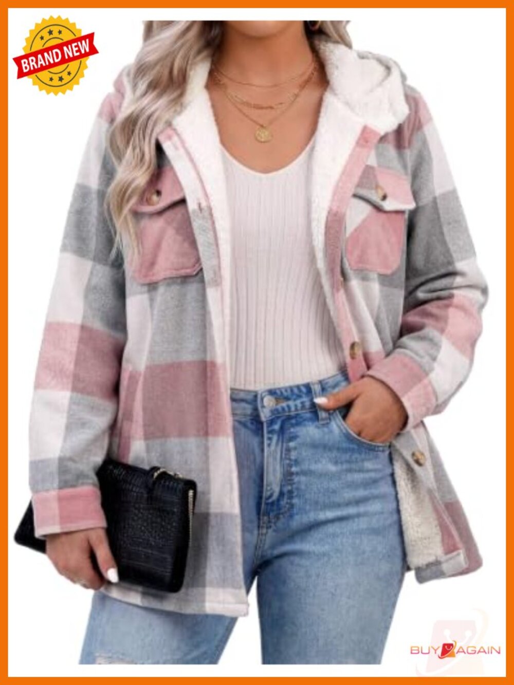 Plus Size Plaid Fleece Hooded Shacket Button Down Sherpa Lined Coat